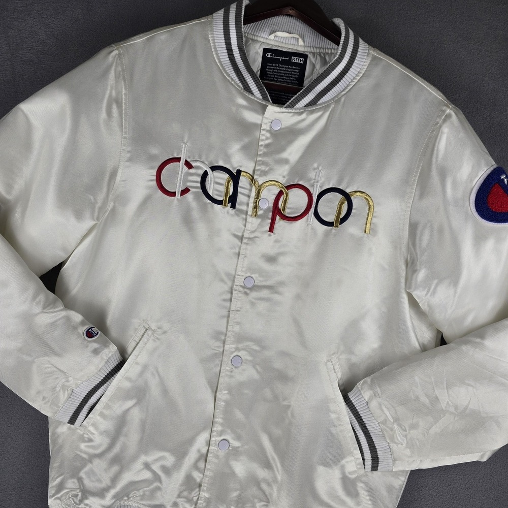 Kith Champion Jacket Mens Large White‎ Satin Bomber Quilted Varsity Logo Coat